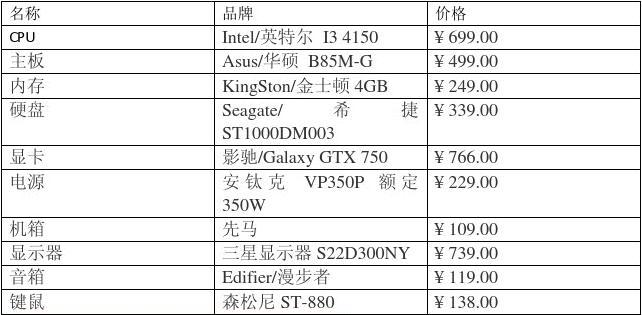 办公电脑主机配置一览表