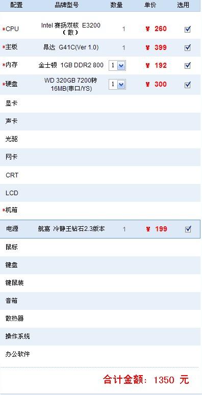 电脑主机低端配置清单